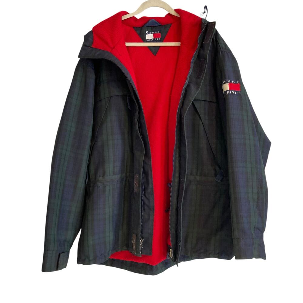 Y2K Tommy Hilfiger Green Blue Plaid Sporty Fleece Lined Hooded Parka Coat Large